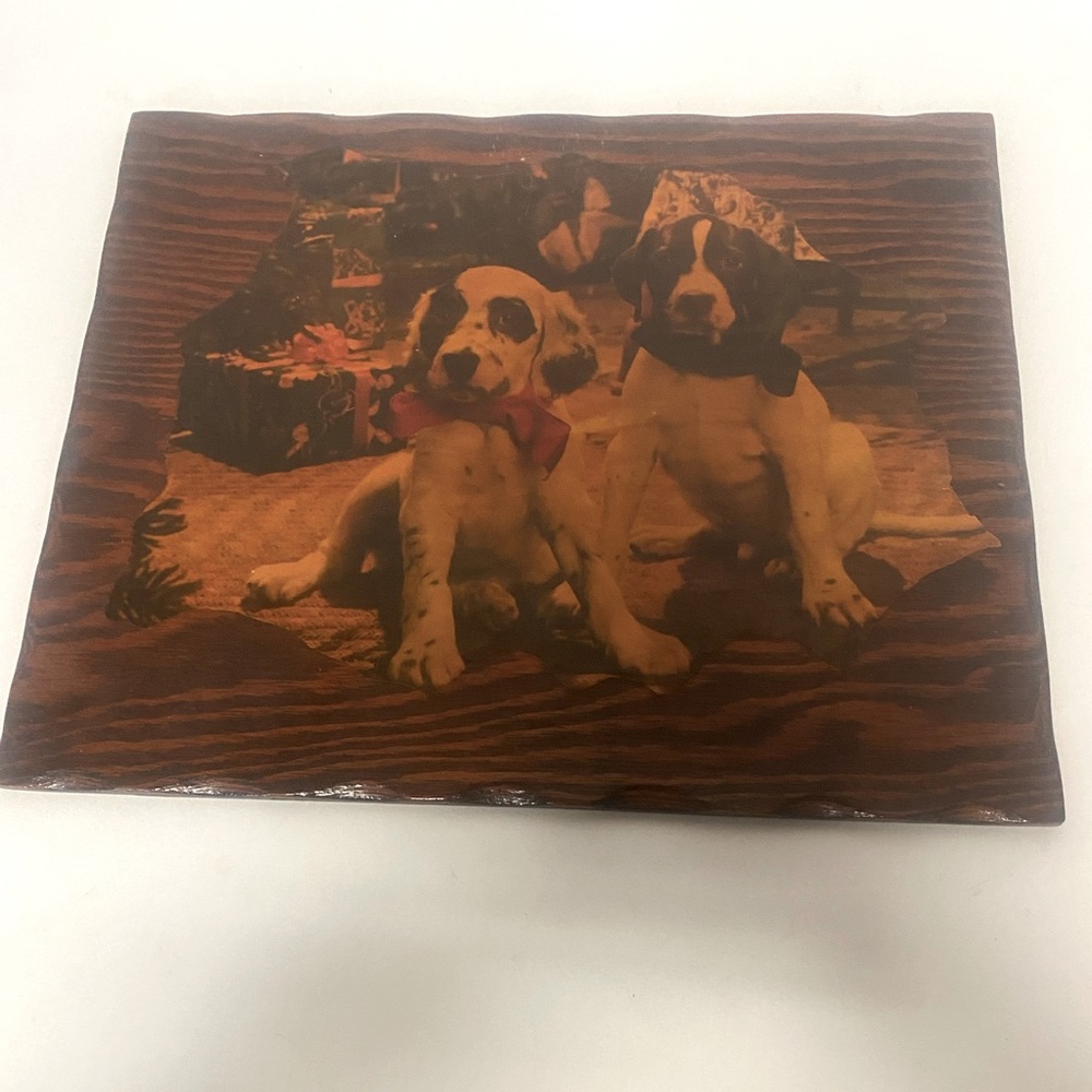 Vintage Puppy Dog Print On Laquer Wood Wall Picture Plaque